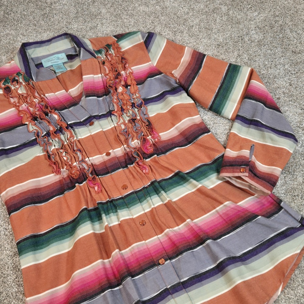 Tasha Polizzi  Pearl Snap Striped Western Ruffle‎ Multicolor Womens M Shirt